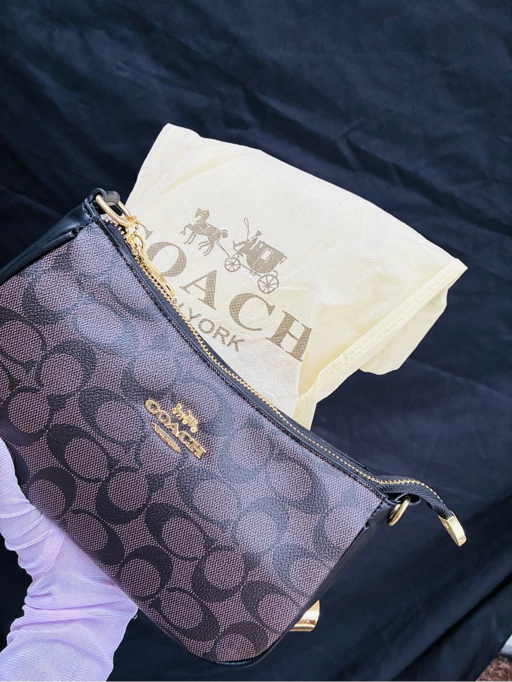 Coach Brown Signature Small Wristlet with Gold Hardware